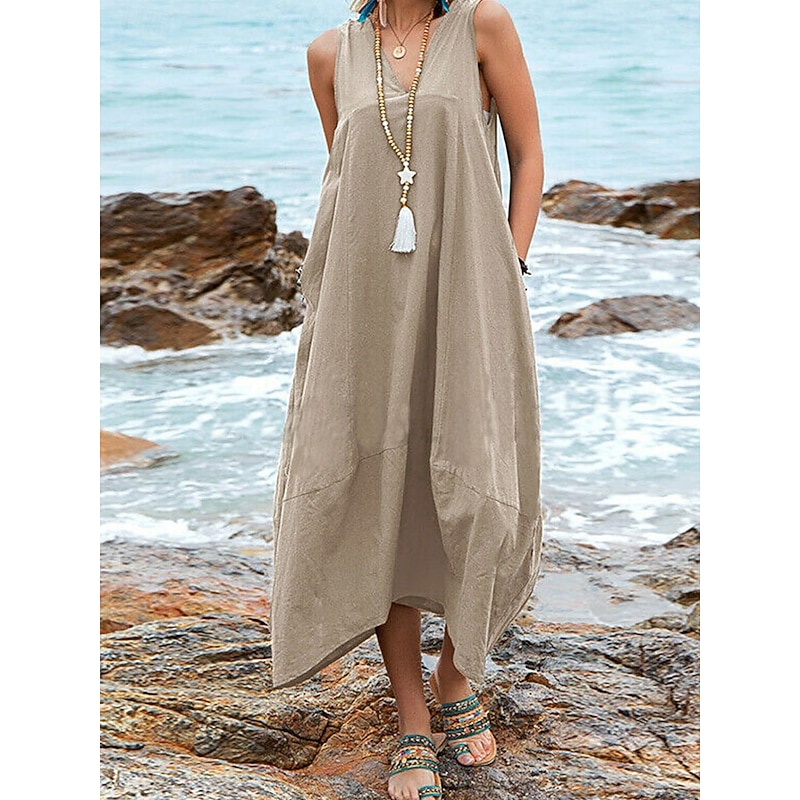 Women's Midi Dress Cotton Linen Dress Basic Casual Vacation Daily Regular Fit Plain Sleeveless V Neck Black Wine Khaki Summer