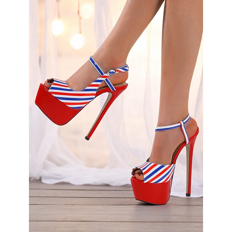 Women's Red White and Blue Striped Stiletto Platform Heels – Bold Patriotic Nightlife Sandals for Parties and Clubbing2