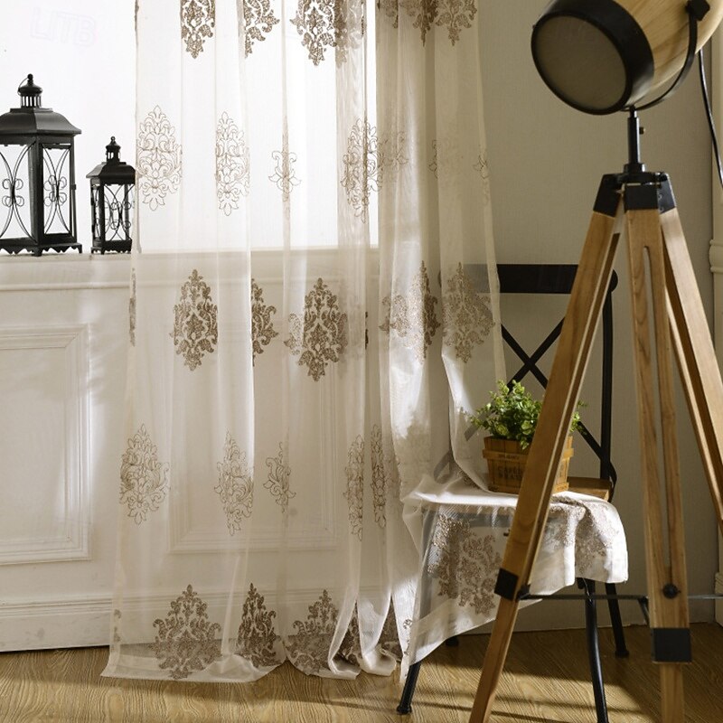 2Pcs European Court Style Embroidered Window Curtains For Living Rooms Bedrooms Dining Rooms Study Rooms Semi Transparent Curtains
