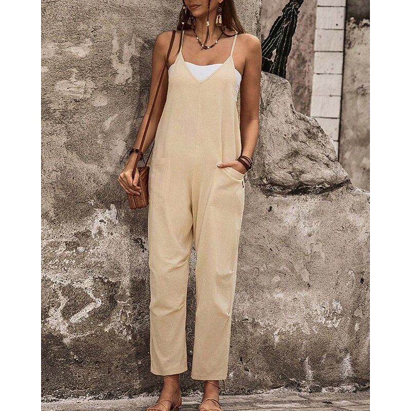 Women's Normal Jumpsuit Streetwear Solid Color Sleeveless Straight V Neck Pocket Street Daily Regular Fit Apricot Summer2