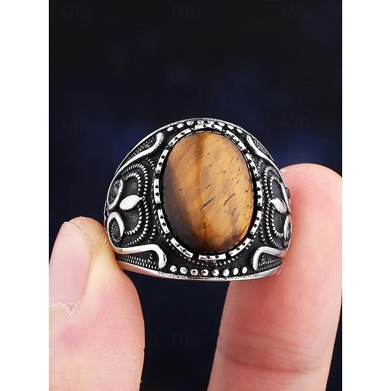 Men's vintage tiger eye stone stainless steel ring, antique silver tribal design, bold statement ring, suitable for casual and formal occasions3