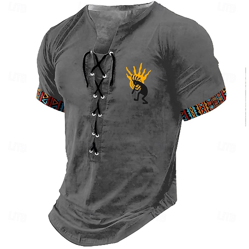 Men's Kokopelli Shirt Short Sleeve T shirt 3D Print Lace Up Neck Shirt Retro Vintage Vintage Retro Street Casual Daily Black Khaki Gray Summer Spring All Seasons Clothing Apparel S M L XL XXL XXXL2