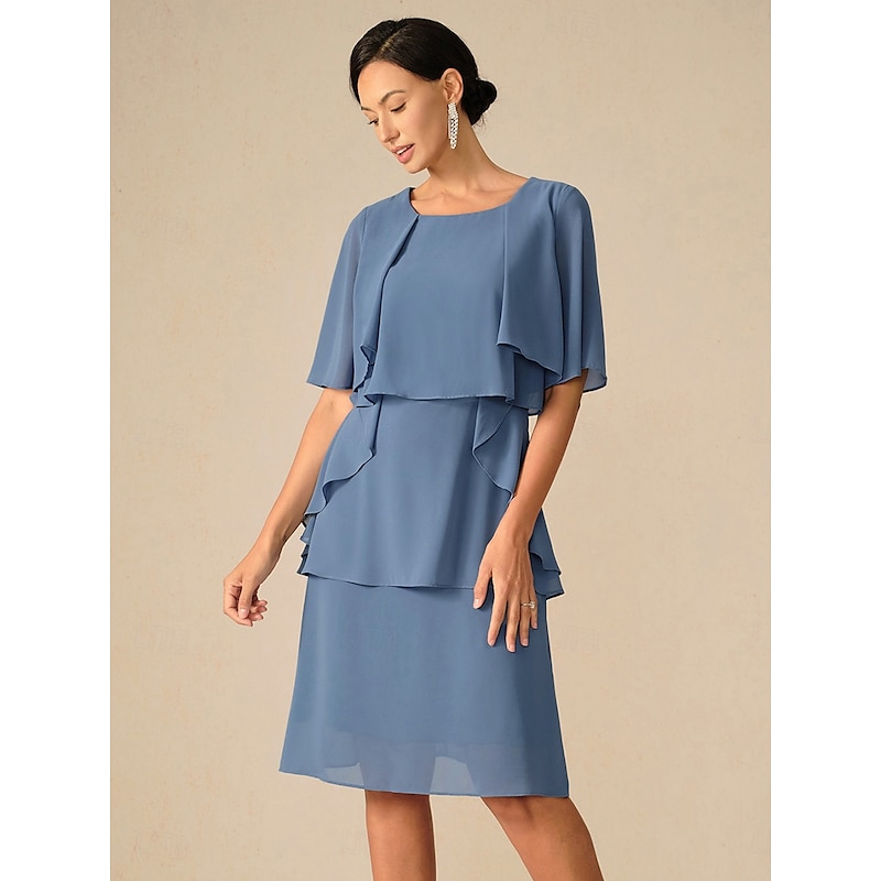 Women's Wedding Guest Cocktail Dress Ruffle  Elegant Layered Midi Summer Spring Dress Crew Neck Half Sleeve Midi Dress Blue2
