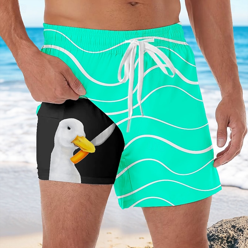Men's Geometric Funny Duck Lined Shorts 2 in 1 Board Shorts Swim Shorts Mid Waist Hawaiian Vacation Holiday Beach Wear Side Pockets With Compression Liner Elastic Drawstring Waist Designer Clothing2