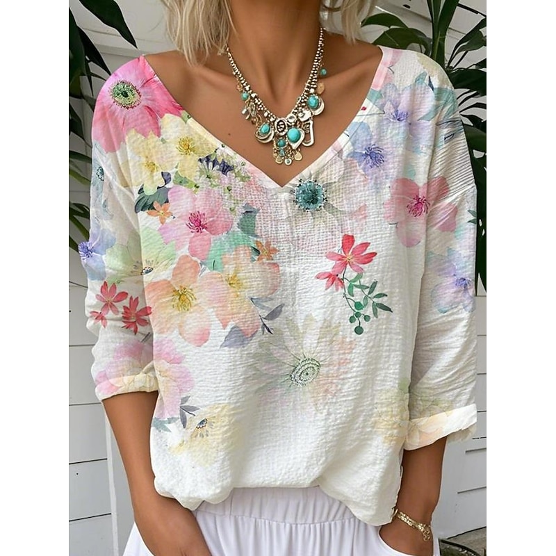 Women's Blouse Floral Graphic Vintage Tropical Stylish 3/4 Length Sleeve V Neck Regular Tops White Yellow Pink Blue Green Summer Spring