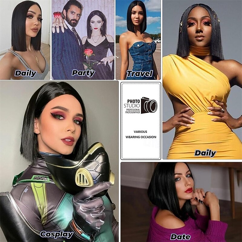 Black Bob Wigs for Women Short Straight Bob Without Bangs Middle Part Shoulder Length Heat Synthetic Wigs for Daily Party Cosplay Halloween Use4