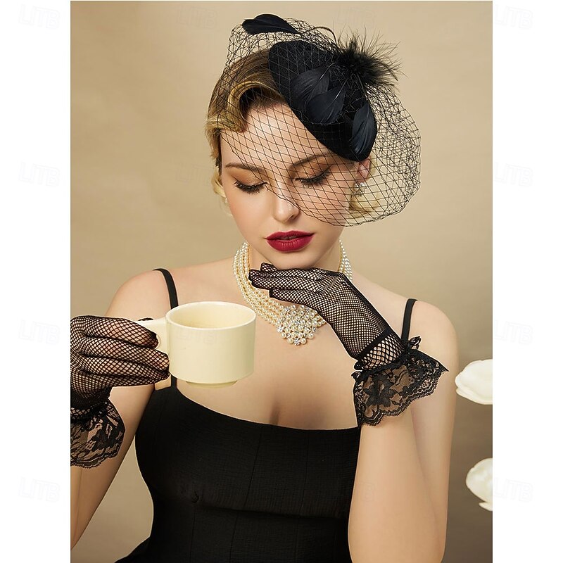 Fascinators Pillbox Hats for Women, Tea Party Hat and Short Lace Gloves Set Perfect for Kentucky Derby, Cocktail2