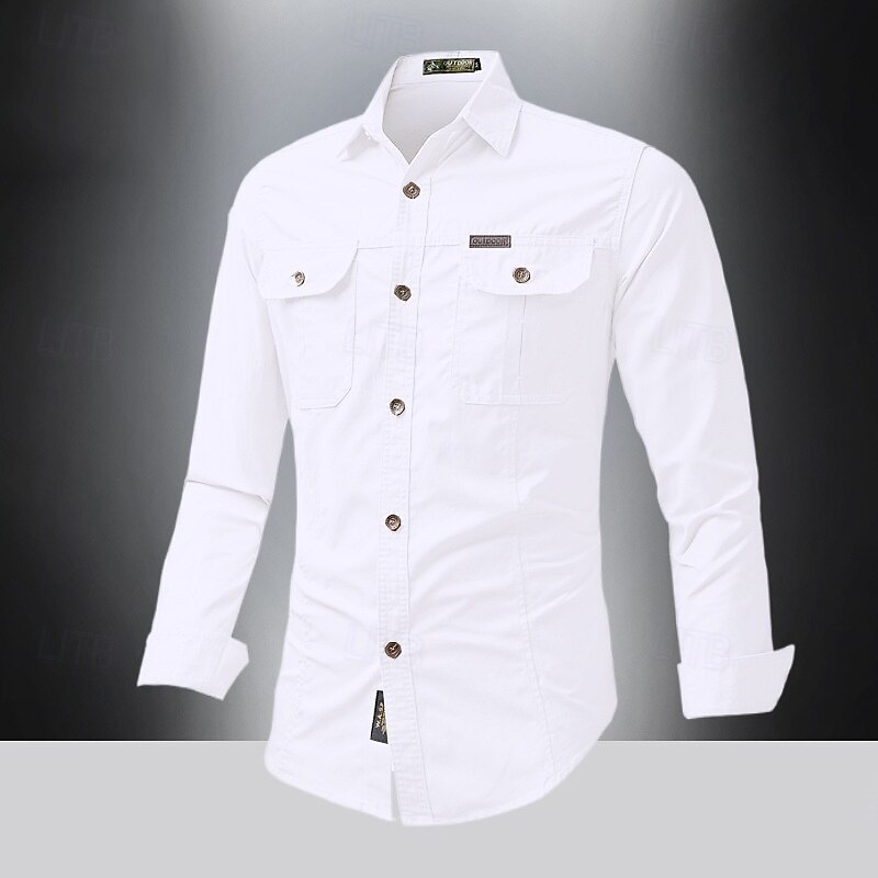 Men's Shirt Summer Shirt Casual Shirt Button Up Shirt Cargo Shirt Black White Red khaki Dark Blue Long Sleeve Plain Shirt Collar Vacation Hawaiian Pocket Clothing Apparel 100% Cotton Fashion Casual2