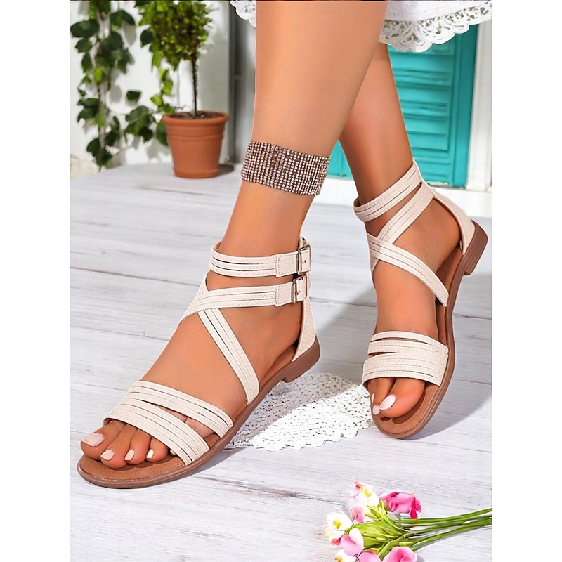 Women's Black Boho Strappy Flat Sandals – Casual Gladiator Style Summer Shoes with Double Buckles for Daily & Outdoor Wear