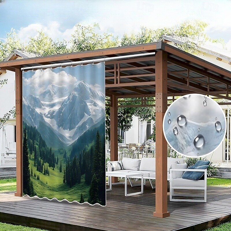 Waterproof Outdoor Curtain Privacy, Sliding Patio Curtain Drapes, Pergola Curtains Grommet 3D Landscape Mountain For Gazebo, Balcony, Porch, Party, 1 Panel