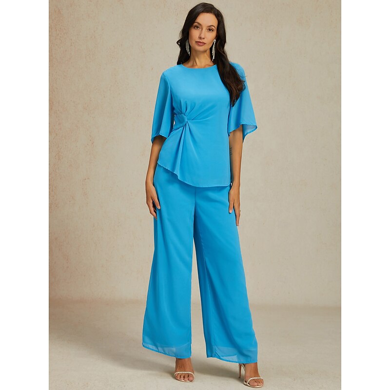 Women's Elegant Stylish Blouse Pants Trousers Half Sleeve Crew Neck Plain Ruched Wedding Guest Daily Blue Summer Regular Fit2