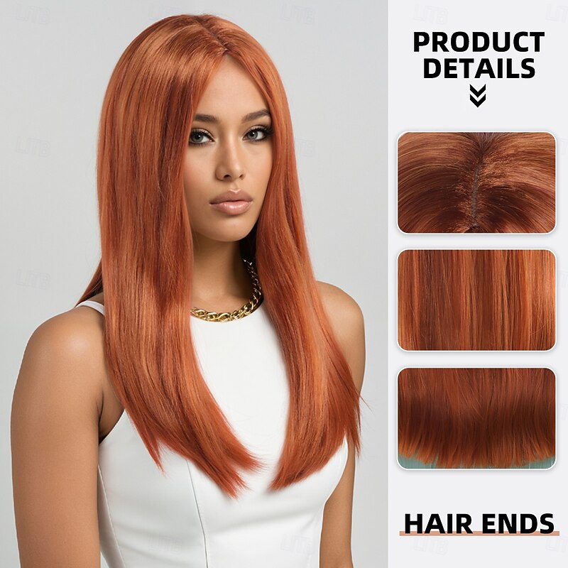Synthetic Wig kinky Straight Natural Straight Layered Haircut Deep Parting Machine Made Wig 20 inch A1 Synthetic Hair Women's Middle Part Classic Comfortable Orange2