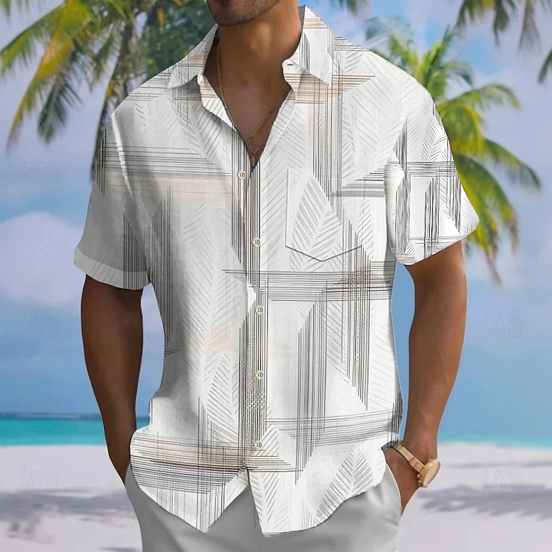 Men's Geometric Shirt Summer Shirt Button Up Shirt Short Sleeve Fashion Casual Outdoor Vacation Dailywear Summer Spring Turndown 3D Print Collared Shirts Front One Pocket White