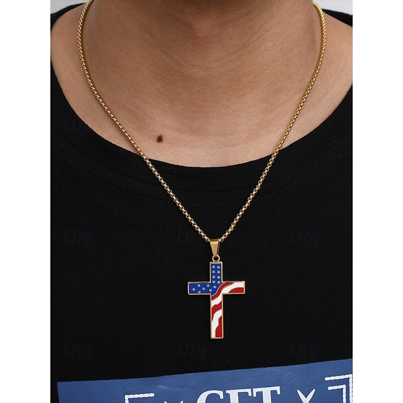 Men's American Flag Cross Pendant Necklace – Gold & Silver Tone with USA Flag Design, Stylish and Trendy for Casual & Statement Wear2