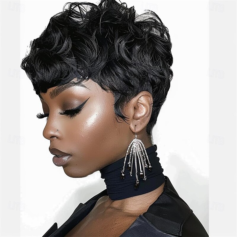 Natural Black Pixie Cut Wig Short Pixie Wigs For Black Women Black Short Curly Wig With Bangs For Black Woman Short Hair Wig