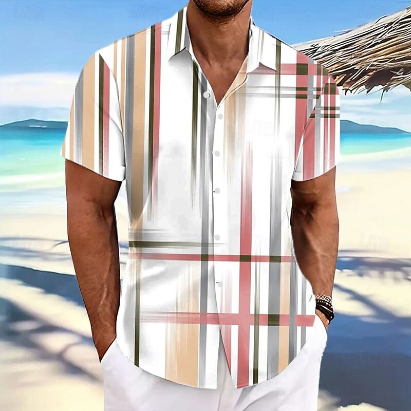 Men's Geometric Gradient Color Line Shirt Summer Shirt Button Up Shirt Short Sleeve Fashion Casual Outdoor Vacation Dailywear Summer Spring Turndown 3D Print Collared Shirts Black Pink Blue Green