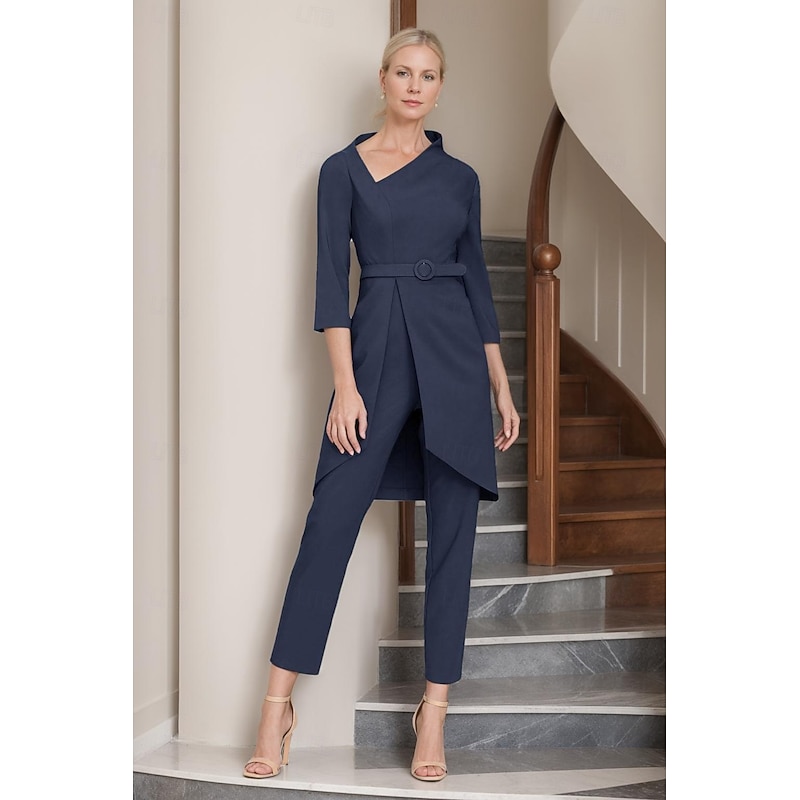 Two Piece Mother of the Bride Pantsuit Simple Minimalist Casual V Neck Ankle Length Crepe 3/4 Length Sleeve with Sash / Ribbon