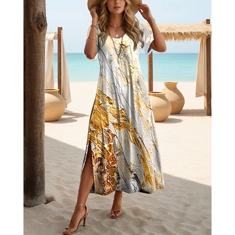Women's Maxi Dress T Shirt Dress Tee Dress Sundress Shift Dress Summer Dress Elegant Beach Party Holiday Beach Regular Fit Abstract Marble Short Sleeve Crew Neck Gold Summer Spring