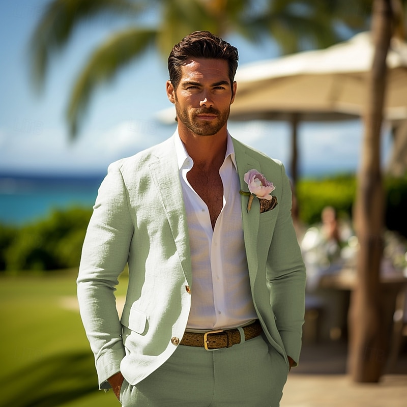 Men's Casual Wedding Linen Suits Sage Fashion Summer Daily Solid Colored Standard Fit 2 Piece Single Breasted Two-buttons