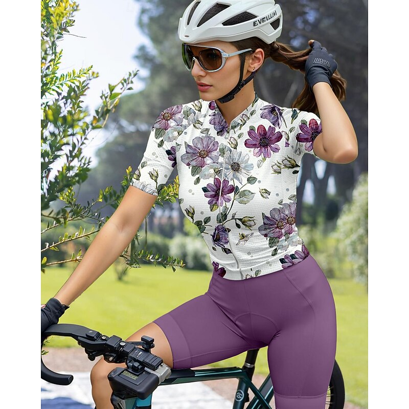 Women's Cycling Jersey Graphic Floral Botanical Short Sleeve Bike Jersey Top with 3 Rear Pockets Sunscreen UV Resistant Quick Dry Reflective Strips Sports Purple Clothing Apparel