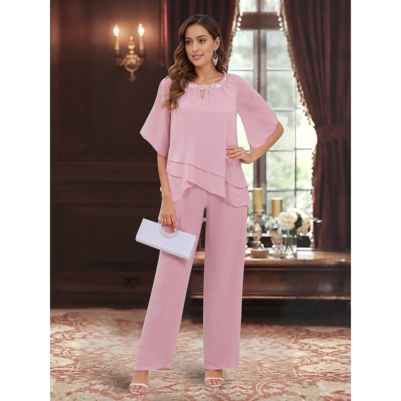 Pantsuit Mother of the Bride Dress Wedding Guest Elegant Simple Scoop Neck Floor Length Polyester 3/4 Length Sleeve with Solid Color