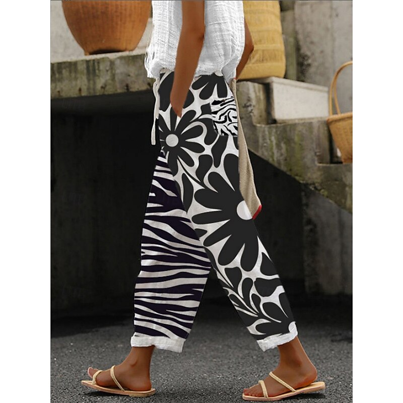 Women's Cotton Linen Pants Basic Casual Full Length High Waist Floral Plaid Pocket Elastic Waist Print Comfy Outdoor Comfortable Street Daily Wear Going out Black White Ivory Summer Regular Fit2