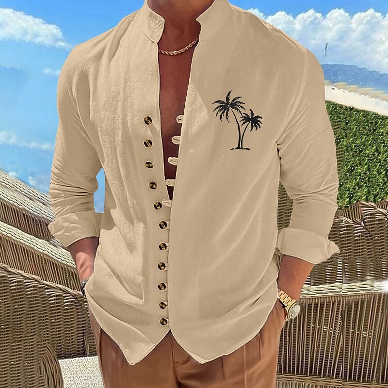 Men's Shirt Linen Shirt Summer Shirt Beach Wear Button Up Shirt Coconut Tree Vacation Holiday Black White Purple Khaki Long Sleeve Stand Collar Summer Spring Clothing Apparel Buttons2