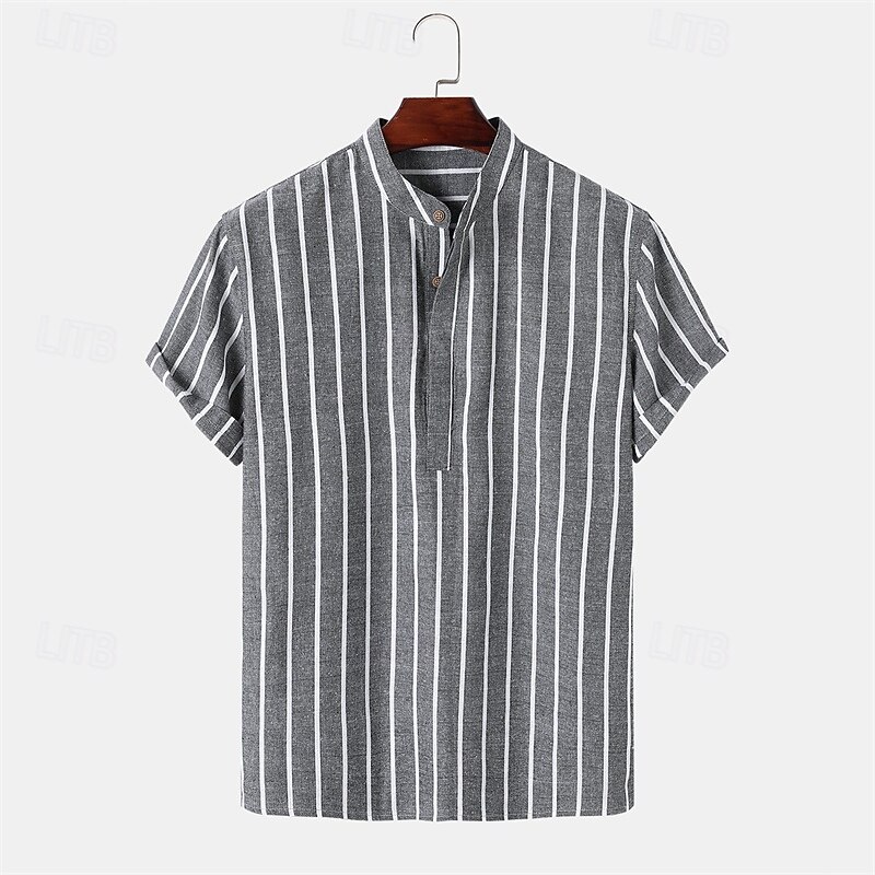Men's Shirt Linen Shirt Popover Shirt Casual Shirt Stripes Vacation Street Black White Light Green Royal Blue Short Sleeve Stand Collar Summer Clothing Apparel Button-Down4