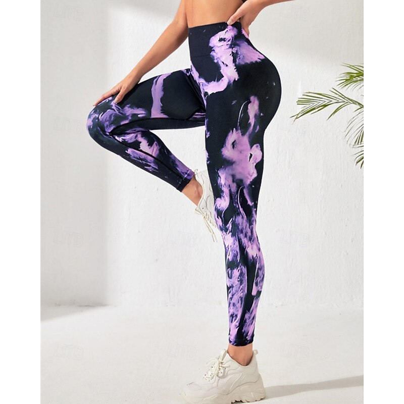 Women's Yoga Pants Yoga Leggings Elastic Waistband Butt Lift Tummy Control Pilates Gym Workout Workout Pants Tie Dye Purple Fall Sports Activewear Stretchy Slim4