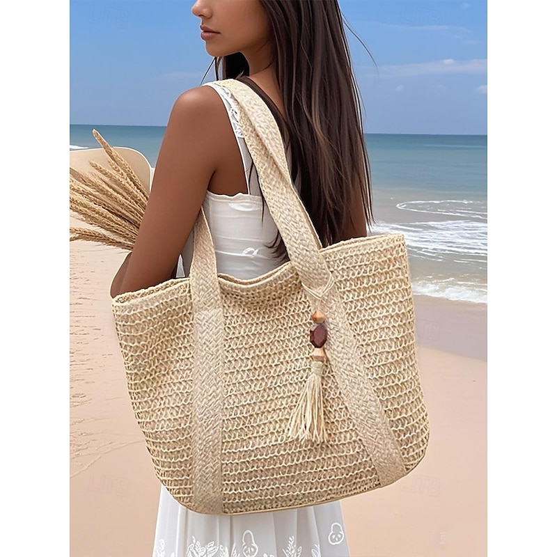 Women's Woven Straw Tote Bag with Tassel – Large Summer Beach Handbag for Vacation, Travel and Casual Outings Color White Green Khaki