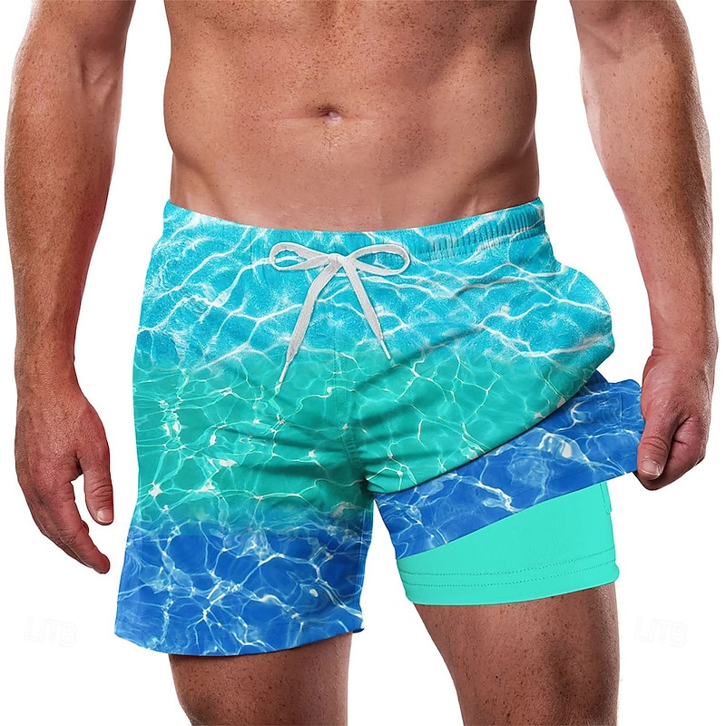 Men's Ocean Gradient Color Lined Shorts 2 in 1 Board Shorts Swim Shorts Mid Waist Hawaiian Vacation Holiday Beach Wear Side Pockets With Compression Liner Elastic Drawstring Waist Designer Clothing