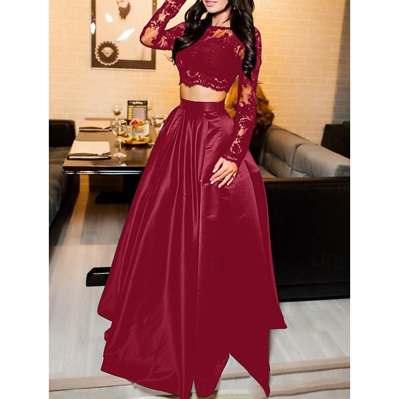 Two Piece Prom Dresses Black Dress Prom Formal Evening Sweep / Brush Train Long Sleeve Jewel Neck Satin with Pure Color Masquerade Dress4