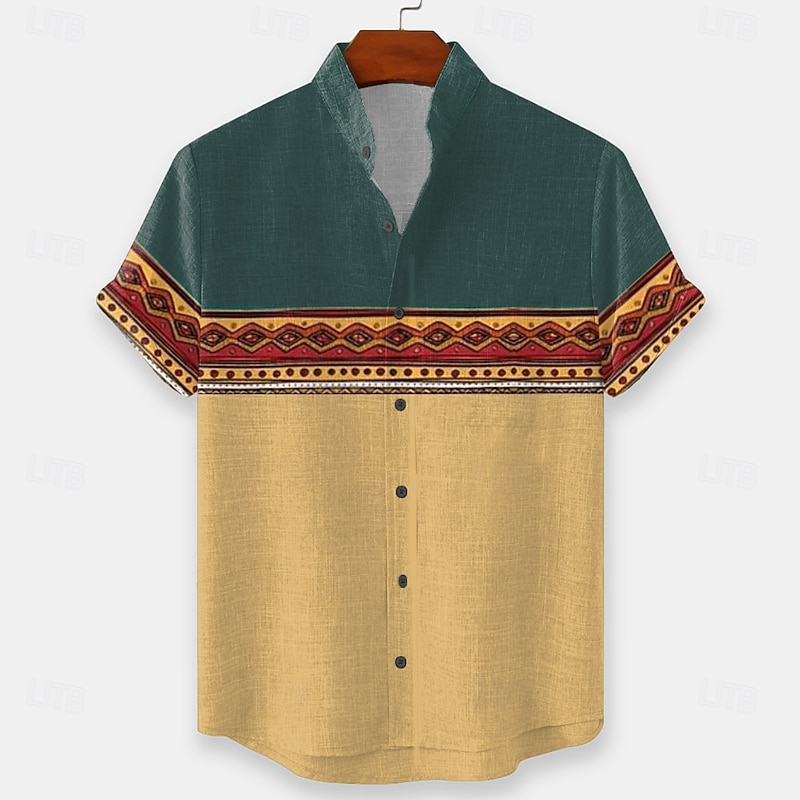 Men's Geometric Indian Ethnic Shirt Button Up Shirt Stand Collar Shirt Short Sleeve Vintage Retro Vacation Dailywear Beach Wear Summer Spring Mandarin Collar 3D Print Linen Like Shirt Yellow Blue