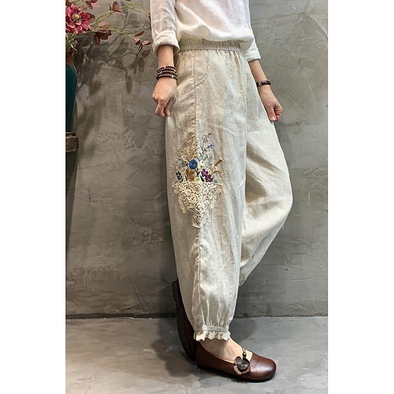 Women's Cotton Linen Pants Slacks Fashion Streetwear Full Length Natural Floral Embroidered Pocket Elastic Waist Comfy Breathability Outdoor Street Going out Apricot Green Khaki Summer Regular Fit3