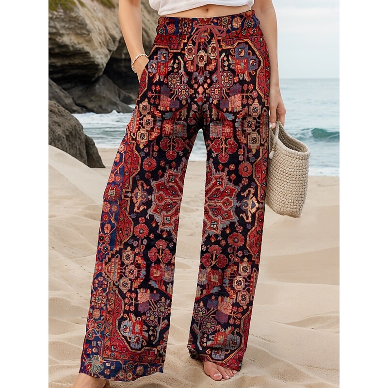 Women's Wide Leg Chinos Baggy Pants Vacation Vintage Fashion Full Length High Waist Graphic Geometric Printing Thermal Warm Soft Breathable Micro-elastic Formal Vacation Street claret Sapphire Violet