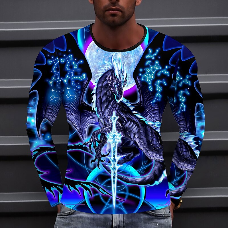 Dragonblade NIGHTBLADE HI REZ by Ruth Thompson Men's 3D Dragon T Shirt Long Sleeve T shirt 3D Print Crew Neck Shirt Fashion Exaggerated Street Casual Blue All Seasons Clothing Apparel S M L XL XXL XXX