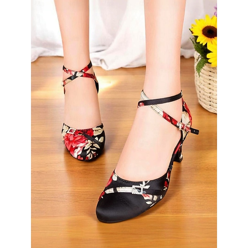 Women's Floral Satin Latin Dance Heels – Elegant Strappy Ballroom Shoes for Performances & Salsa Practice2