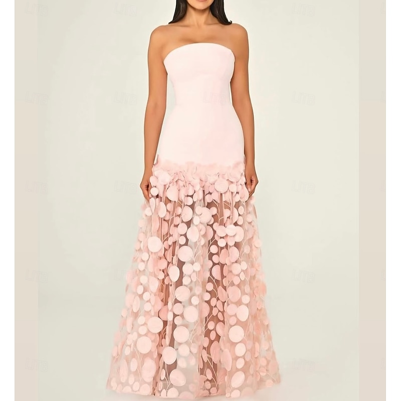 A-Line Evening Gown Elegant Dress Formal Wedding Guest Floor Length Sleeveless Strapless Lace with Tassel4