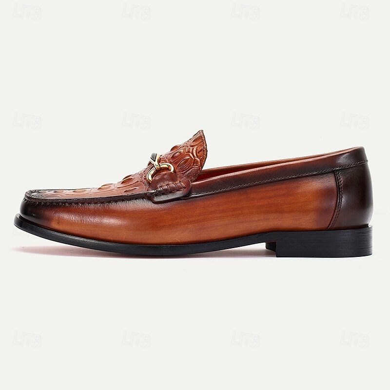 Men's Brown Leather Loafers with Crocodile Pattern and Gold Detail – Kentucky Derby Shoes for Formal and Semi-Formal Events3