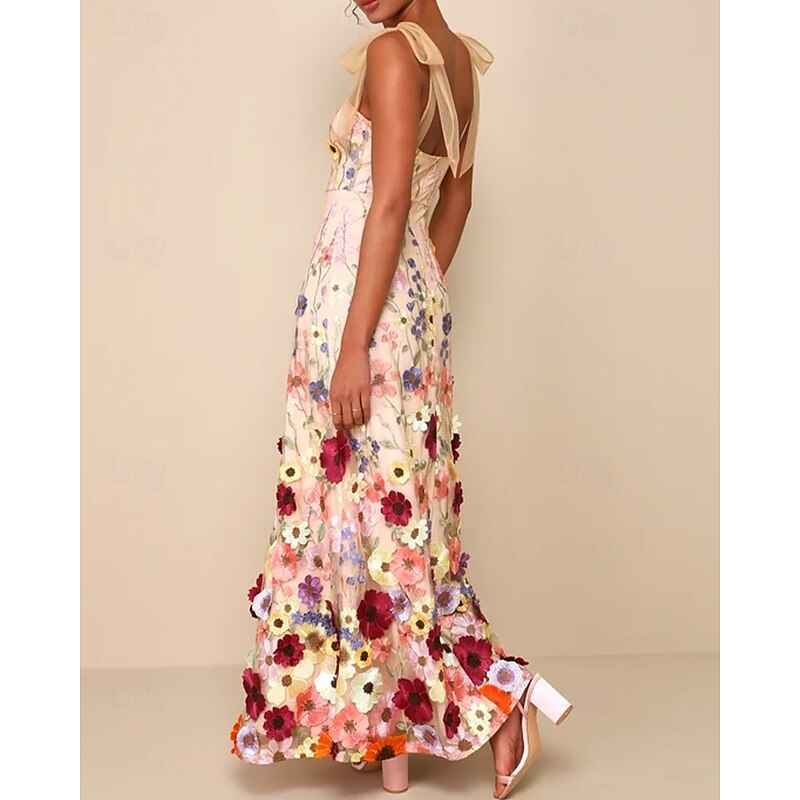 Sheath / Column Prom Dresses Floral Embroidered Lace Dress Prom Floor Length Sleeveless Square Neck with Bows3