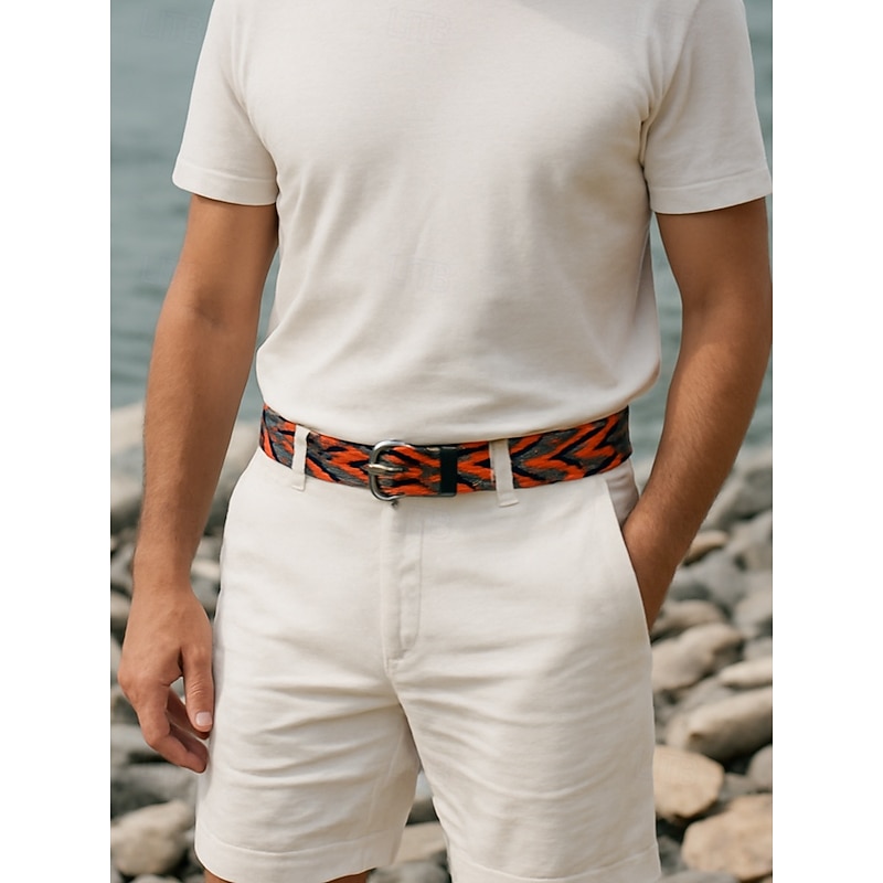 Fashionable geometric pattern belt for men and women - Colorful fabric belt with adjustable loop buckle - Stylish bohemian belt for casual and festive wear2