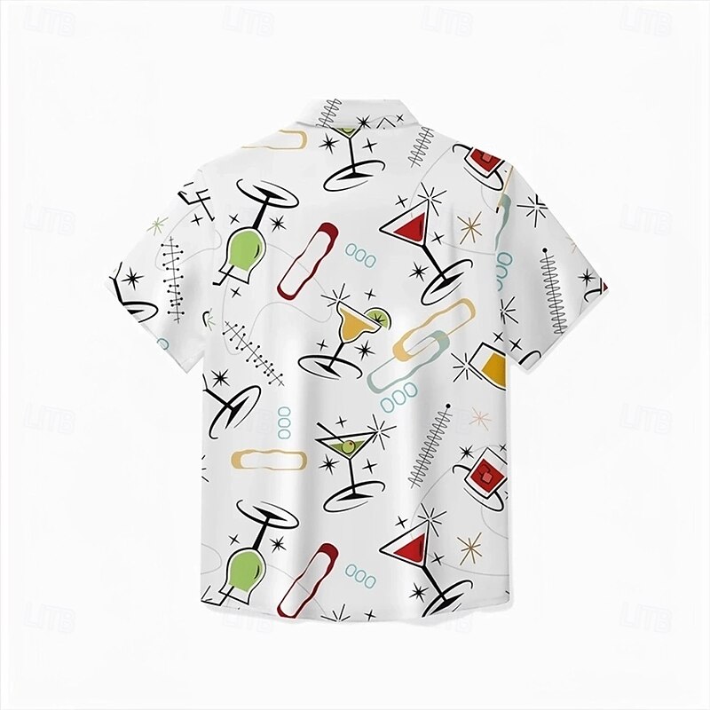 Men's Wine Glass Drink Shirt Summer Hawaiian Shirt Button Up Shirt Short Sleeve Hawaiian Vacation Holiday Beach Wear Summer Spring Turndown 3D Print Collared Shirts Front One Pocket White2