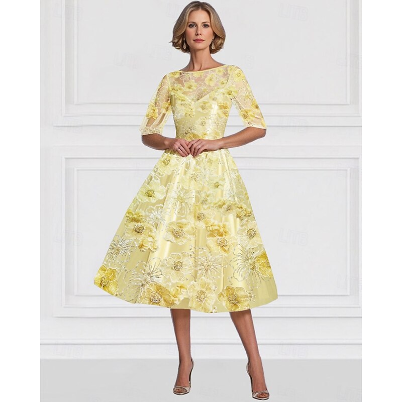 A-Line Beaded Embroidered Mother of the Bride Dress Floral Elegant Vintage Illusion Neck Ankle Length Tulle Half Sleeve with Sequin3