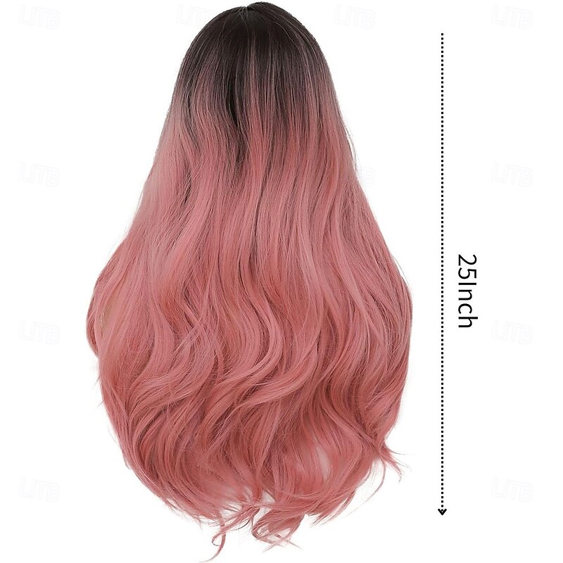 Pink Curly Wigs for Women Dark Rooot Long Wavy Middle Part Hair Wig Synthetic Heat Resistant Fiber Cosplay Halloween Wig4