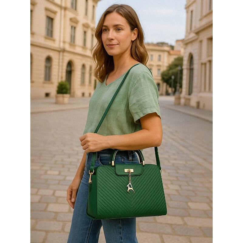 Women's Faux Leather Top Handle Tote Bag with Deer Charm - Elegant Structured Women's Shoulder Bag, Perfect for Mother's Day Gift, Work, Shopping and Casual Outings2