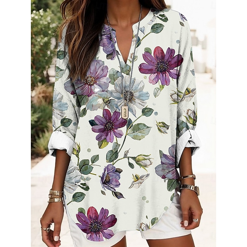 Women's Blouse Tunic V Neck Long Sleeve Boho Casual Floral Graphic Abstract Elegant Daily Regular Tops Daily Print Red Blue Purple Green4