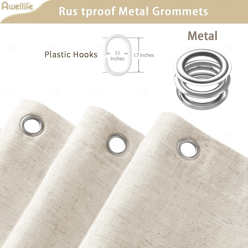 Linen Feel Shower Curtain with 12 Hooks Beige Boho Farmhouse Shower Curtains for Bathroom Natural Cloth Cotton Fabric Liner4