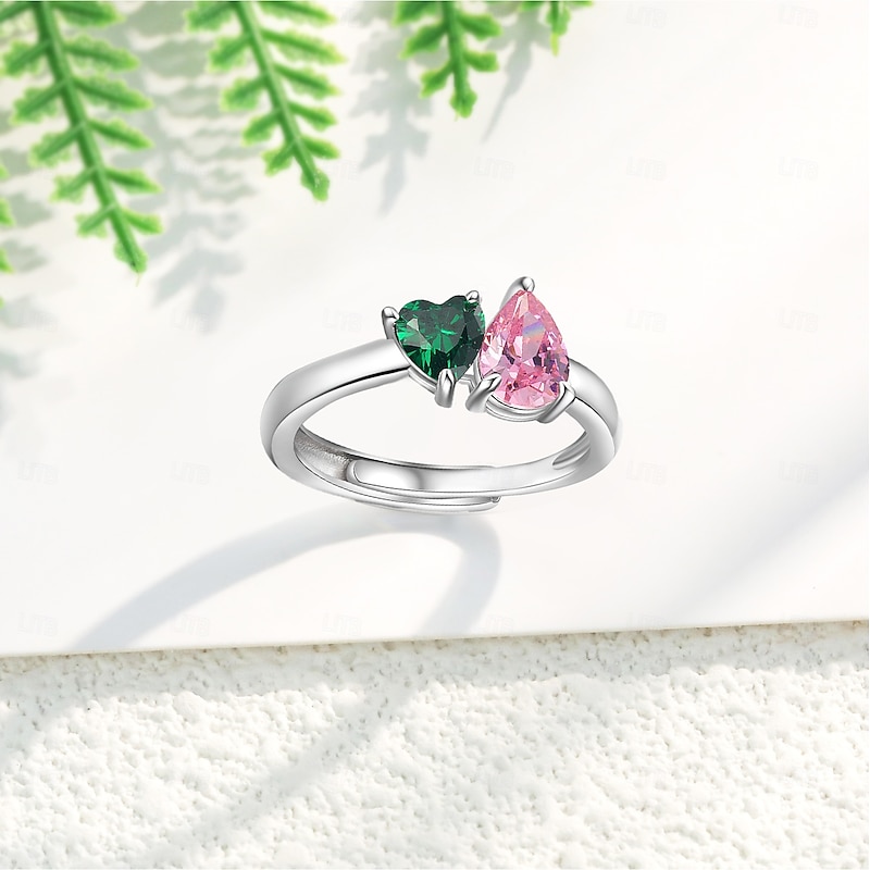 Personalized Birthstone Ring for Her, Adjustable Double Stone Open Design Jewelry, Gift for Mom Wife Girlfriend, Mother's Day Valentine's Day Birthday Anniversary Present4