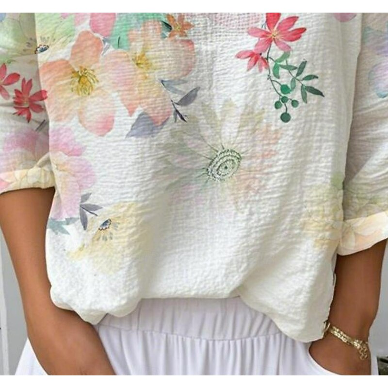 Women's Blouse Floral Graphic Vintage Tropical Stylish 3/4 Length Sleeve V Neck Regular Tops White Yellow Pink Blue Green Summer Spring3