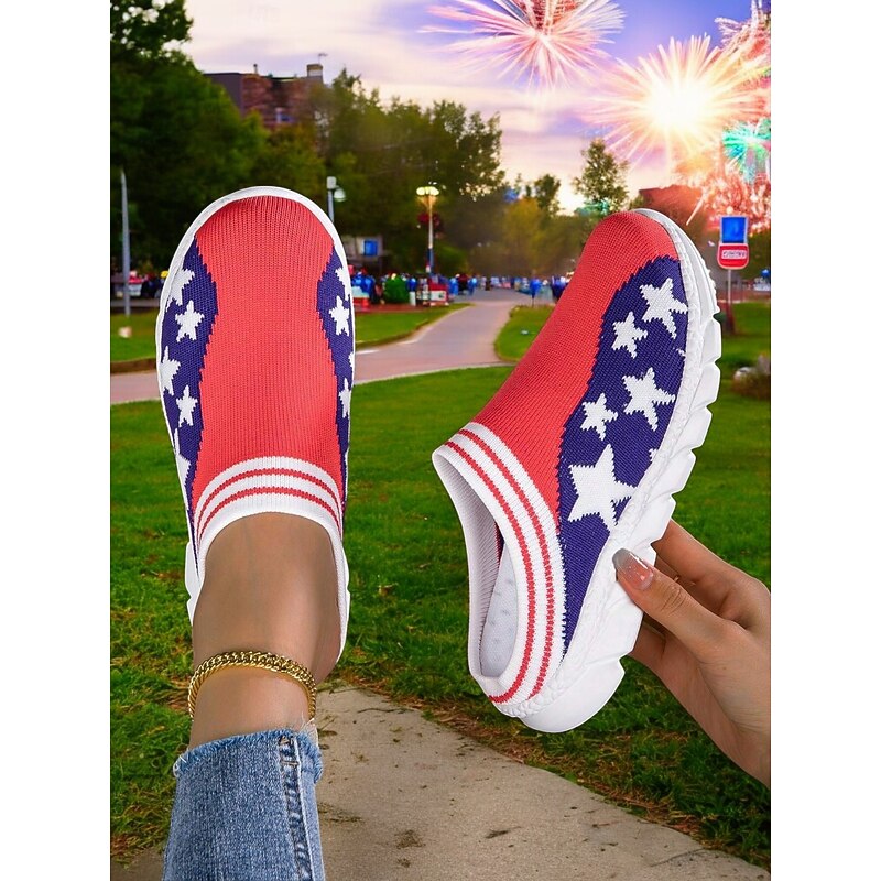 Women's Patriotic Flag Print Knit Sneakers – Slip-On Casual Walking Shoes for Independence Day, Festivals & Everyday Outfits3